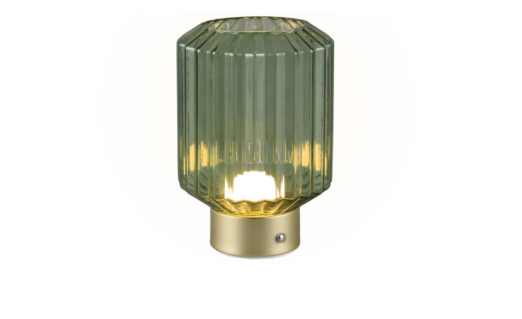 Die Akku-Tischleuchte Lord 19,5 cm hat einen gerippten grünen Glasschirm, einen goldenen Metallsockel und eine Innenbeleuchtung.