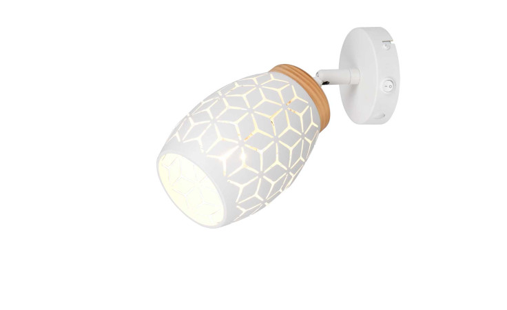 Die Reality Strahler Bidar 12 cm mit weißem, geometrischem Schirm und holzfarbenem Akzent wird an der Wand montiert und ist stilvoll.