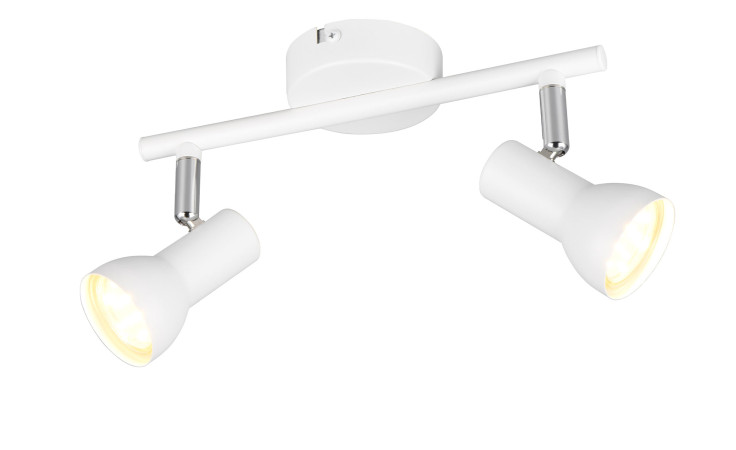 Strahler Cantar 25,5 cm: Weiße Deckenleuchte mit zwei verstellbaren Strahlern und warmgelber Beleuchtung.