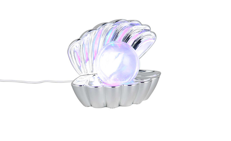 Die Reality Tischleuchte Shelly (17,5 cm) ist eine silberne Muschellampe mit perlenartigem Licht, Leuchtmittel inklusive.