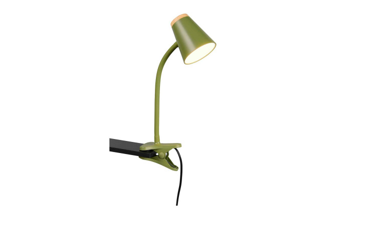 Reality LED-Klemmleuchte Pongo 33 cm, teilmontiert, flexibler Hals, mit Leuchtmittel auf schwarzer Fläche leuchtend.