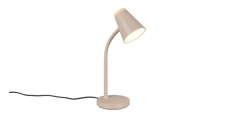 Die Reality LED-Tischleuchte Pongo 36 cm hat einen beigefarbenen, gebogenen Hals, einen konischen Schirm und ist mit Leuchtmitteln ausgestattet.