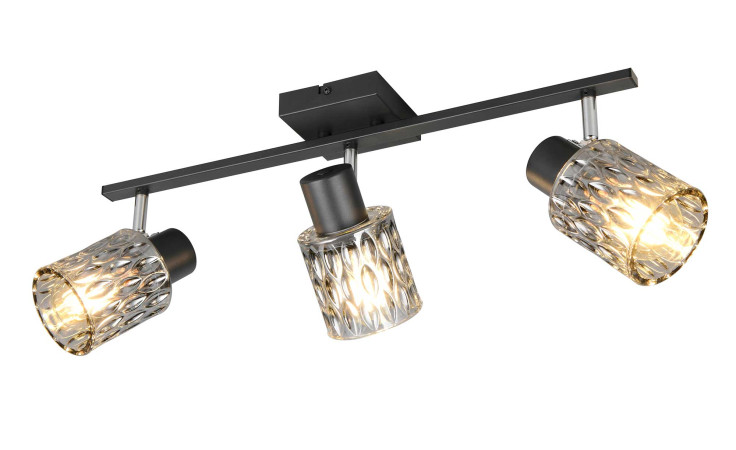 Die Reality Spot-Deckenleuchte Jack 55 cm hat drei gemusterte Glasschirme mit in verschiedene Richtungen abgewinkelten Glühbirnen.