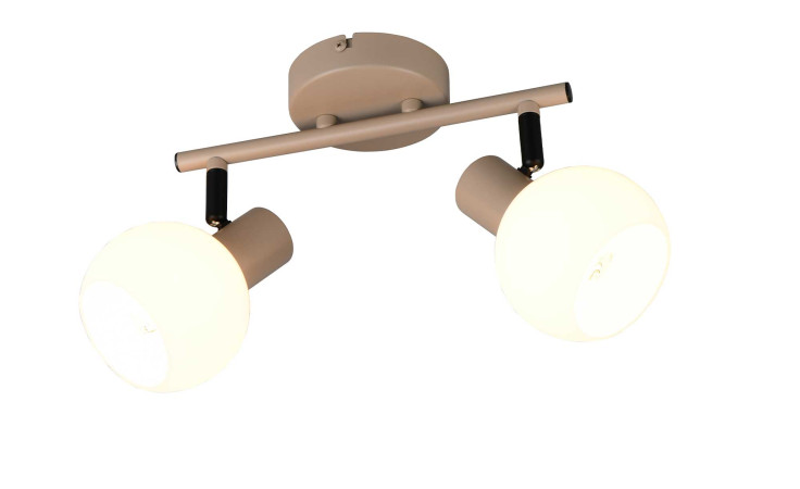 Die Reality Strahler Boba 25 cm verfügt über zwei runde weiße Lampen und Metallakzente auf einer schlanken horizontalen Stange.