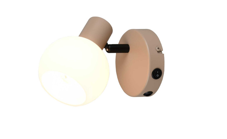 Die Reality Strahler Boba 10 cm ist eine moderne beigefarbene Wandleuchte mit Glas, Metalldetails und einer runden, mattierten Glühbirne.