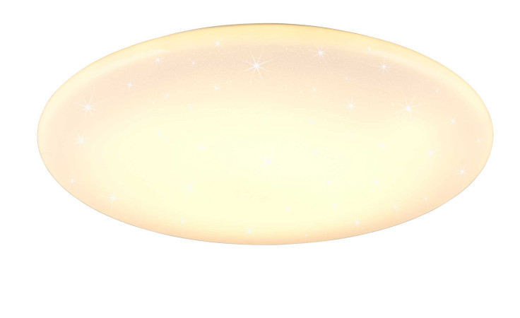 Die Reality LED-Deckenleuchte Nando 70 cm leuchtet sanft in Weiß, mit einem zarten Gelbton und sternförmigem Funkeln.