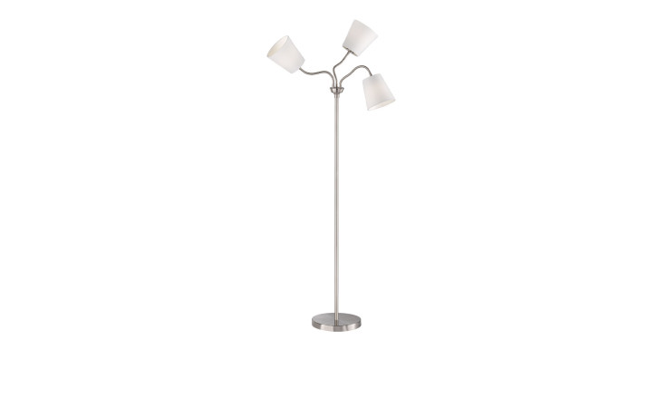 Reality Stehleuchte Windu 140 cm: nickelfarbene Stehleuchte aus mattem Metall mit 3 verstellbaren Armen, weiße Schirme, runder Sockel.