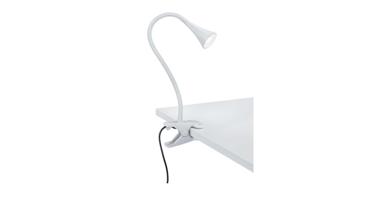 Reality LED-Klemmleuchte Viper, weiß, mit flexiblem Hals und Leuchtmittel, an weißer Fläche befestigt.