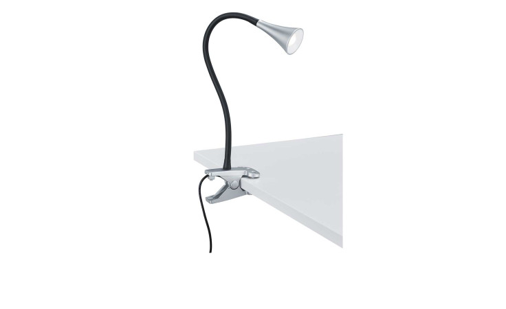 Reality LED-Klemmleuchte Viper, titanfarbig, mit Leuchtmittel, flexibel am schwarzen Hals an weißem Tisch befestigt.