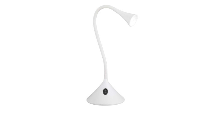 Die LED-Tischleuchte Viper von Reality in Weiß mit flexiblem Hals und Leuchtmittel vor weißem Hintergrund.
