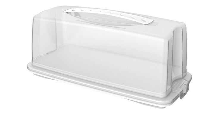 Kuchenbox Fresh 36 x 16,5 x 16,5 cm aus transparentem und weißem Kunststoff.