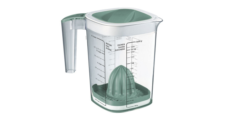 Messbecher Loft 1,5 l aus transparentem, weißem und grünen Kunststoff.