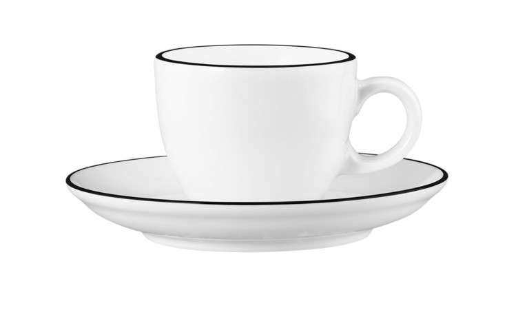 Espressotasse Modern Life 90 ml aus weißem Porzellan mit schwarzem Rand.