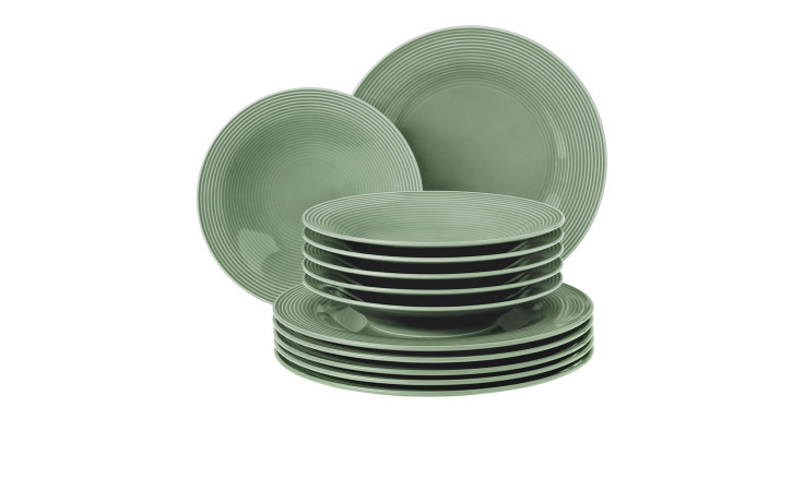 Tafelservice Beat aus Porzellan in Salbeigrün bestehend aus 12 Teilen.