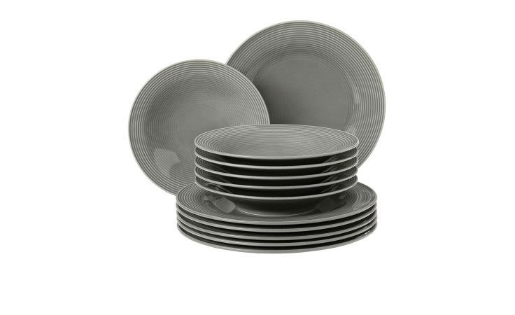 Tafelservice Beat aus Porzellan in Perlgrau bestehend aus 12 Teilen.