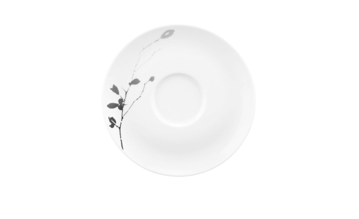 Seltmann Kombiuntere Liberty Dark Rose 16,5 cm Untertasse, weiß mit einem schlichten schwarzen Zweig- und Blattmotiv.
