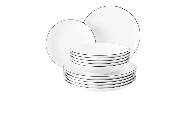 Tafelservice Lido aus weißem Porzellan mit schwarzen Akzenten bestehend aus 12 Teilen.