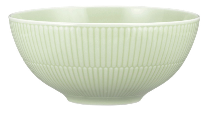 Die Seltmann Schüssel Amina 21,5 cm ist eine hellgrüne Porzellanschale mit vertikalen Rillen und einer glänzenden Oberfläche.