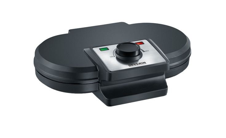 Highlights: SEVERIN Doppel-Waffeleisen von Severin in Schwarz-Silber mit Kontrollleuchten und Temperaturregler oben.