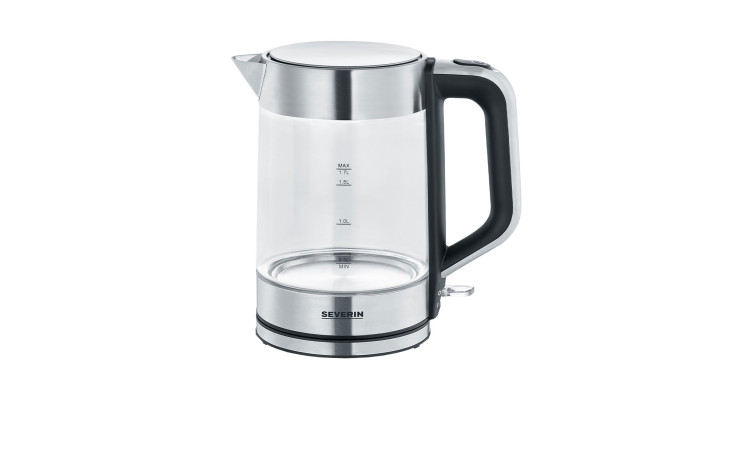 Der Severin Glas-Wasserkocher 1,7 l besteht aus einem transparenten Glaskörper mit Boden, Griff und Deckel aus Edelstahl.