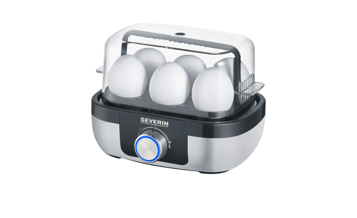 Ein Severin SEVERIN Eierkocher aus gebürstetem Edelstahl fasst sechs Eier unter einem transparenten Deckel.