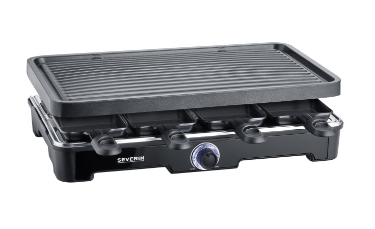 SEVERIN Raclette-Grill von Severin, schwarz/silber, 42 cm breit, mit Raclette-Pfännchen und frontseitigem Temperatureinstellknopf.