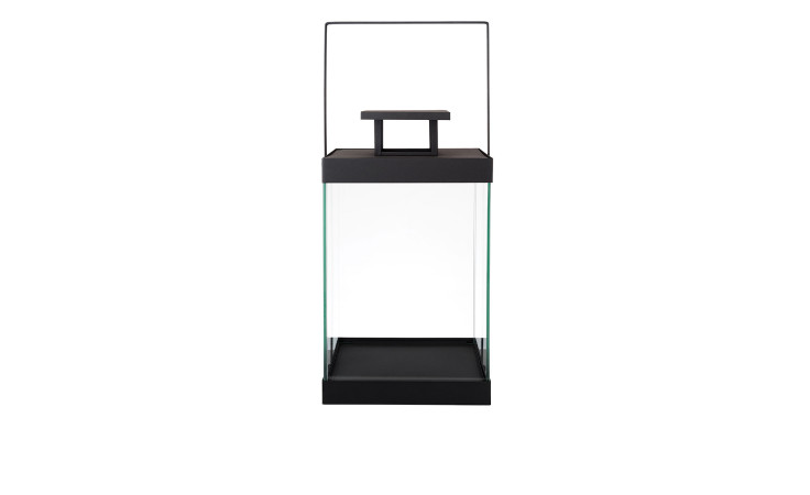 Laterne Finca 48 cm aus transparenten Glas und einer Unter- und Oberseit aus Stahl in schwarz.