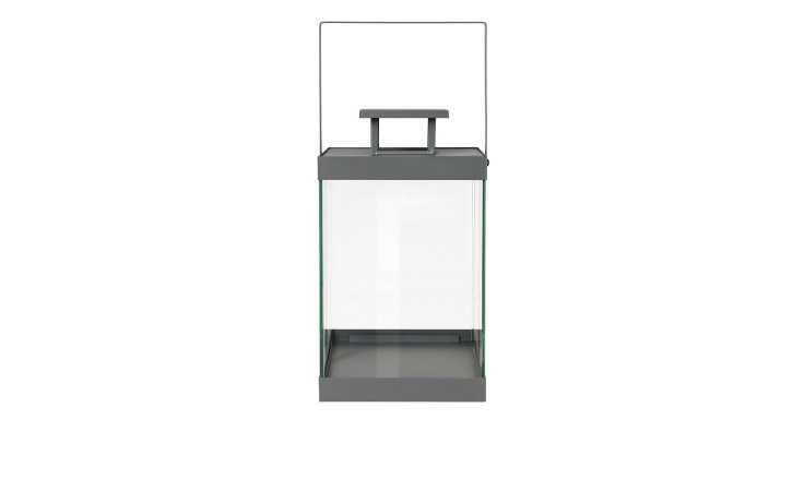 Laterne Finca 48 cm aus transparenten Glas und einem Unter- und Oberteil aus Stahl in grau.