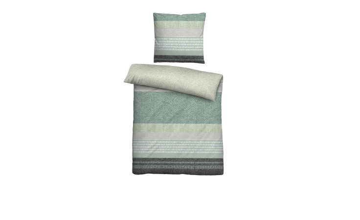 Feinbiber-Bettwäsche 135 x 200 cm in grün-grau gestreift mit Kopfkissen und Bettdecke auf weißem Hintergrund.