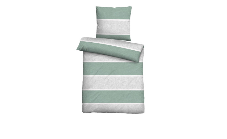 Flanell-Bettwäsche 135 x 200 cm in grün-weiß mit Kissenbezug und Decke auf weißem Hintergrund arrangiert.