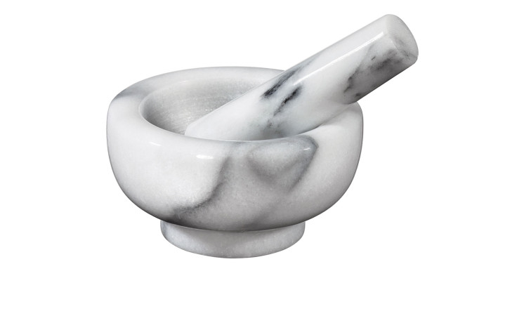 Mörser mit Stößel in weiß grau Marmor 