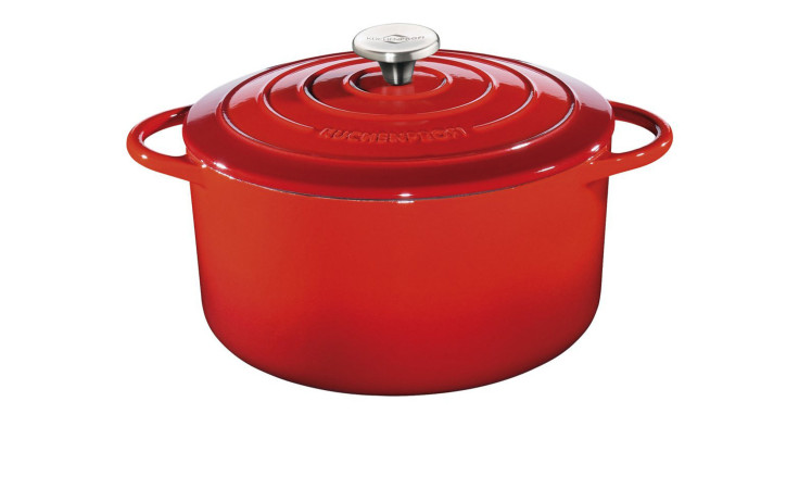 Der Küchenprofi Bratentopf Provence 26 cm, ein rot emaillierter gusseiserner Dutch Oven mit Deckel und Griffen, auf weißem Hintergrund.