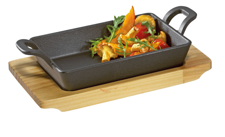Pfanne BBQ mit Holzbrett aus Gusseisen schwarz