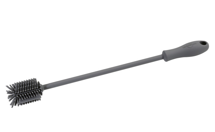 Die Küchenprofi Spülbürste Trend 31 cm ist eine graue, langstielige Flaschenbürste aus Silikon mit einem ergonomischen Griff.