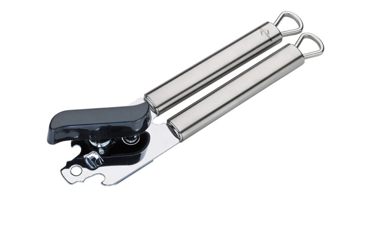 Küchenprofi Dosenöffner Parma: manueller Edelstahl-Dosenöffner mit zwei Griffen und Drehknopf in Silber.