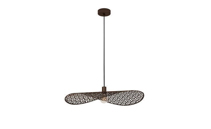Die Hängeleuchte Swaby 200 cm ist eine moderne Pendelleuchte mit einem bronzenen, blattgemusterten, gebogenen Schirm und einer schwarzen Schnur.