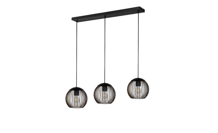 Drei ovale Hängeleuchten Almanzora 90 cm mit Drahtschirmen hängen an einer rechteckigen Stahl-Deckenhalterung.