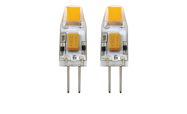 Zwei LED-Leuchtmittel 110159 G4, 12V AC/DC, mit Metallstiften, dargestellt auf weißem Hintergrund.