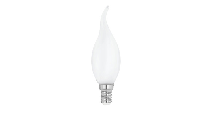 Ein weißes, flammenförmiges LED-Leuchtmittel 110045 E14 mit silbernem Schraubsockel auf einfarbig weißem Hintergrund.