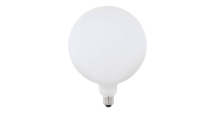 Ein großes, rundes weißes LED-Leuchtmittel 110102 E27 mit Schraubsockel auf weißem Hintergrund.