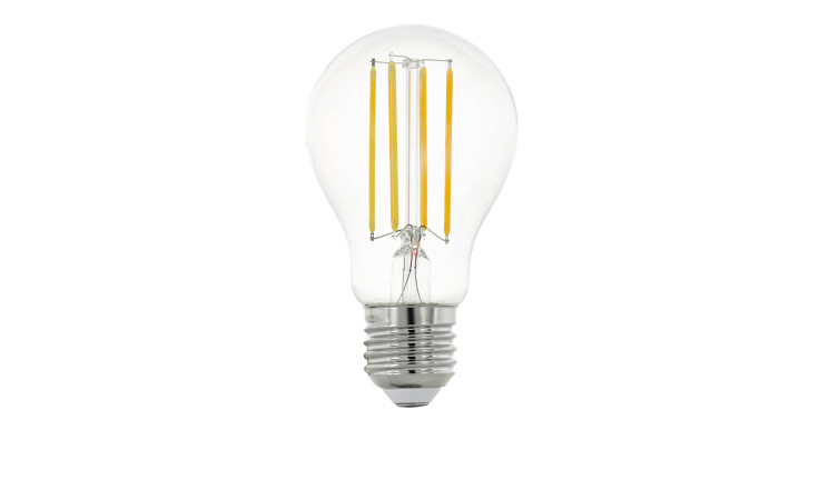 LED-Leuchtmittel 110004 E27 mit gelben Glühfäden und silbernem Schraubsockel, isoliert auf weißem Hintergrund.