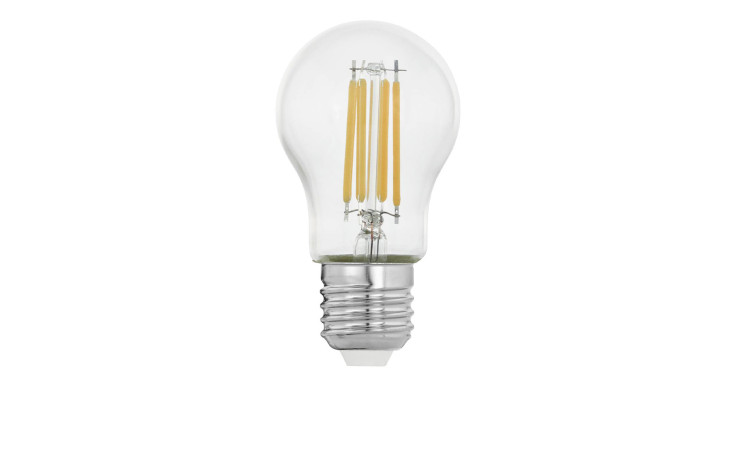 LED-Leuchtmittel 110008 E27: Klarglas-LED-Glühbirne, sichtbare Glühfäden, Klasse E, silberner Schraubsockel, auf weißem Grund.