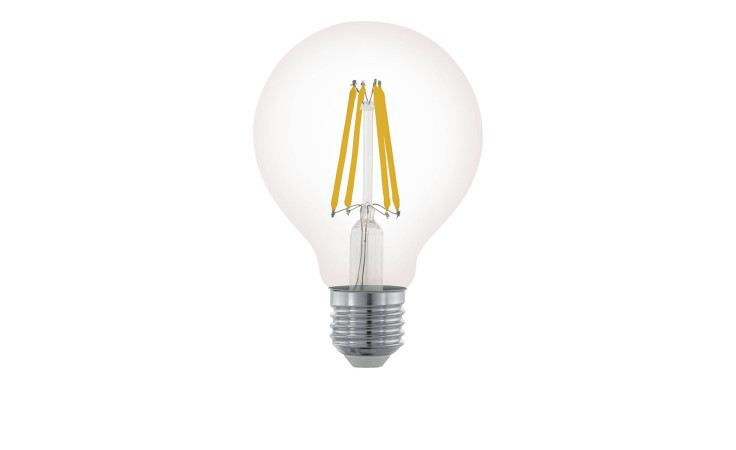 Das LED-Leuchtmittel 110023 E27 ist transparent mit sichtbaren gelben Glühfäden auf weißem Hintergrund.