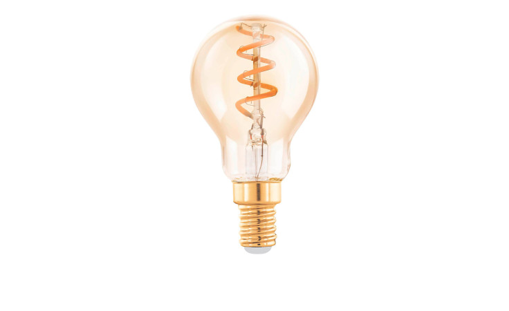 LED-Leuchtmittel 110191 E14: LED-Glühbirne im Vintage-Stil mit spiralförmigem Glühfaden, braun-goldener Sockel, Glas-Design auf Weiß.