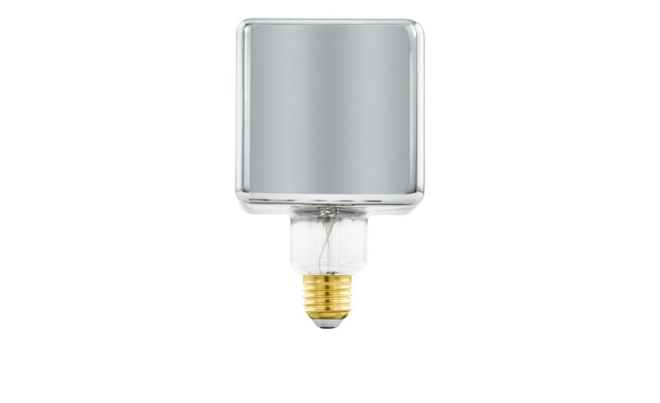 Quadratisches LED-Leuchtmittel 11819 E27 mit silberner Oberseite, Messingsockel und mitgeliefertem Leuchtmittel.