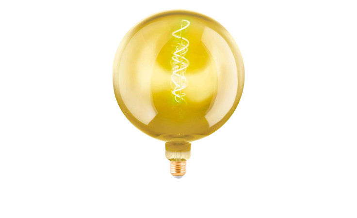 Ein gelb eingefärbtes LED-Leuchtmittel 110096 E27 mit sichtbarem Spiralwendel, dargestellt auf weißem Hintergrund.