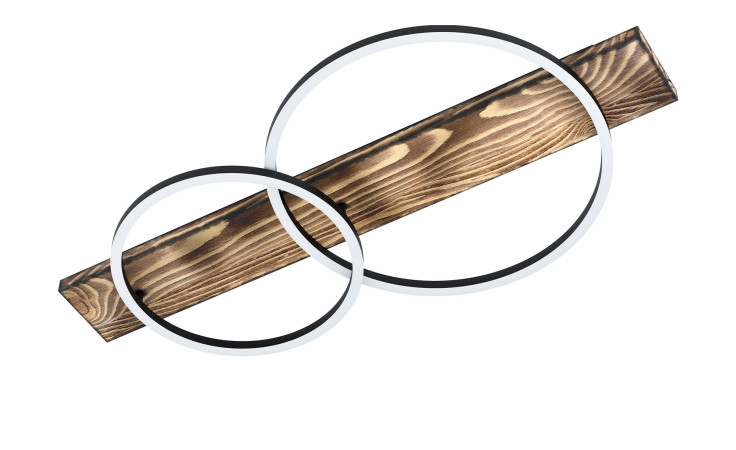 LED-Deckenleuchte Boyal 40 cm mit zwei Leuchtringen auf einem holzfarbenen Sockel, Leuchtmittel inklusive.