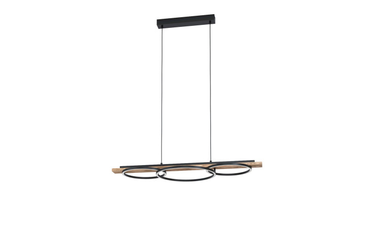 Die LED-Hängeleuchte Boyal 101 cm verfügt über drei schwarze Metallringe auf einer rechteckigen schwarzen Deckenhalterung.