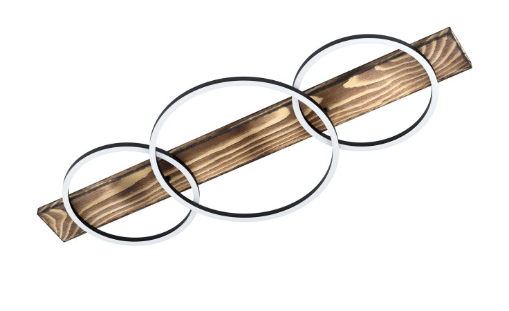 Die LED-Deckenleuchte Boyal 101 cm zeigt eine Holzplanke mit drei Metallringen auf weißem Hintergrund.