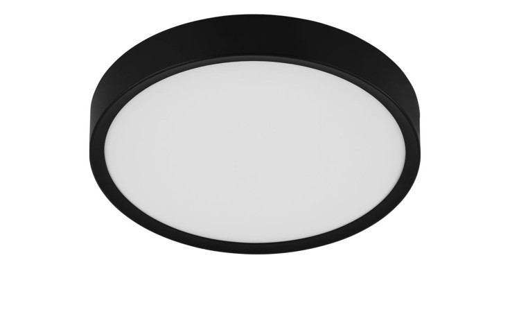 Die LED-Deckenleuchte Giglio 34 cm ist eine runde, schwarze Deckenleuchte aus Metall mit einem weißen Kunststoffdiffusor, von unten gesehen.